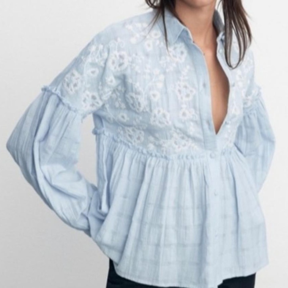 Zara Blue Embroidered Long Sleeve Babydoll Top Ruffled Size‎ Large